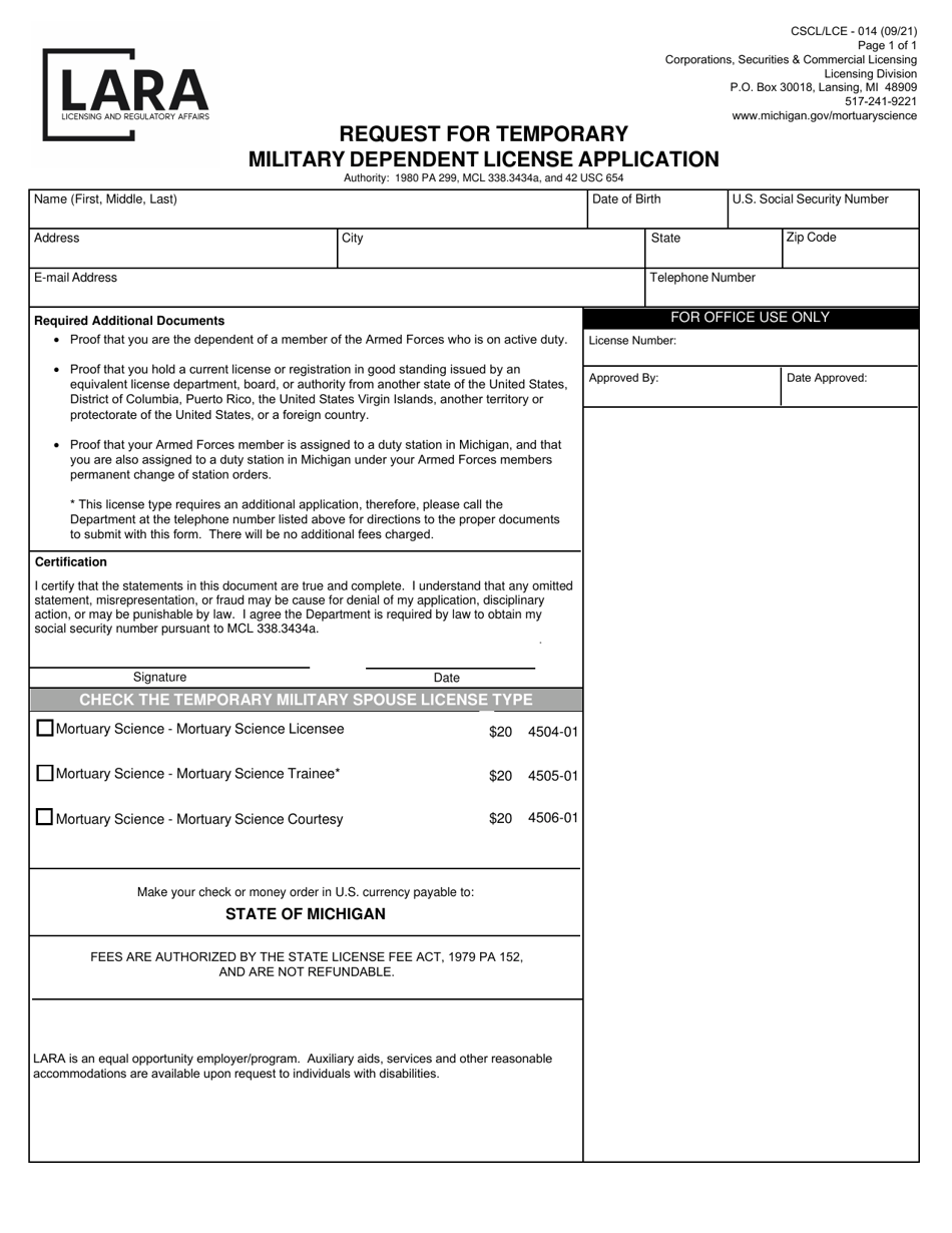 Form CSCL / LCE-014 Request for Temporary Military Dependent License Application - Michigan, Page 1