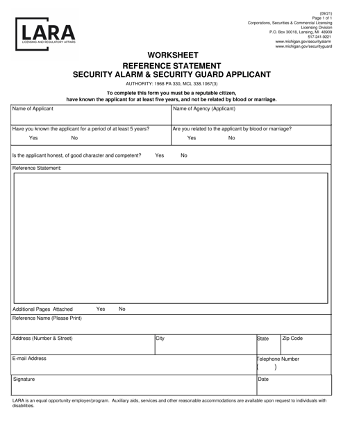 Personal Reference Worksheet - Security Alarm & Security Guard Applicant - Michigan Download Pdf
