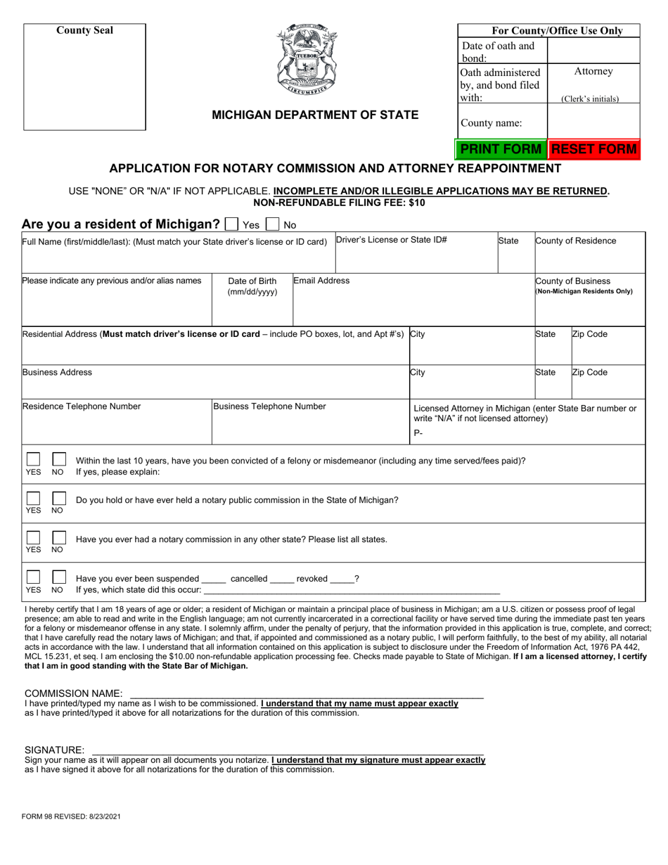 Form 98 Download Fillable PDF or Fill Online Application for Notary ...