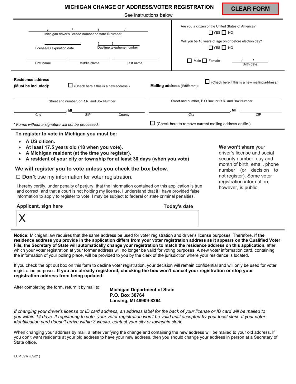 Form ED-109W Michigan Change of Address / Voter Registration - Michigan, Page 1