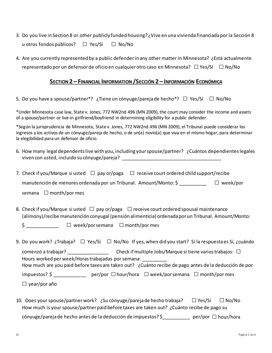 Application for Public Defender - Minnesota (English / Spanish), Page 2