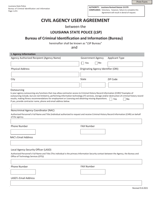 Civil Agency User Agreement Between the Louisiana State Police (Lsp) Bureau of Criminal Identification and Information (Bureau) - Louisiana Download Pdf