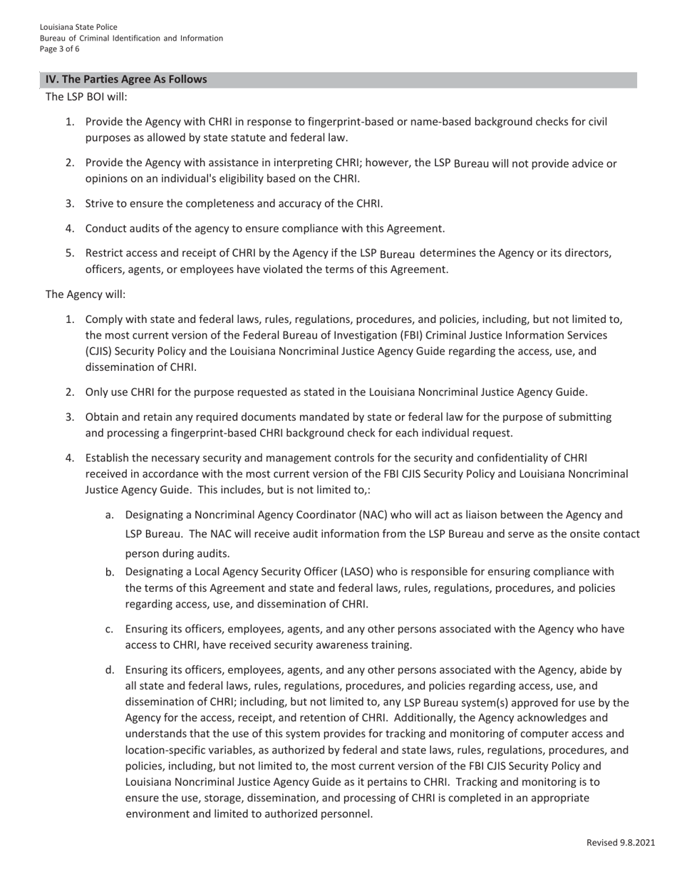 Civil Agency User Agreement Between the Louisiana State Police (Lsp) Bureau of Criminal Identification and Information (Bureau) - Louisiana, Page 3