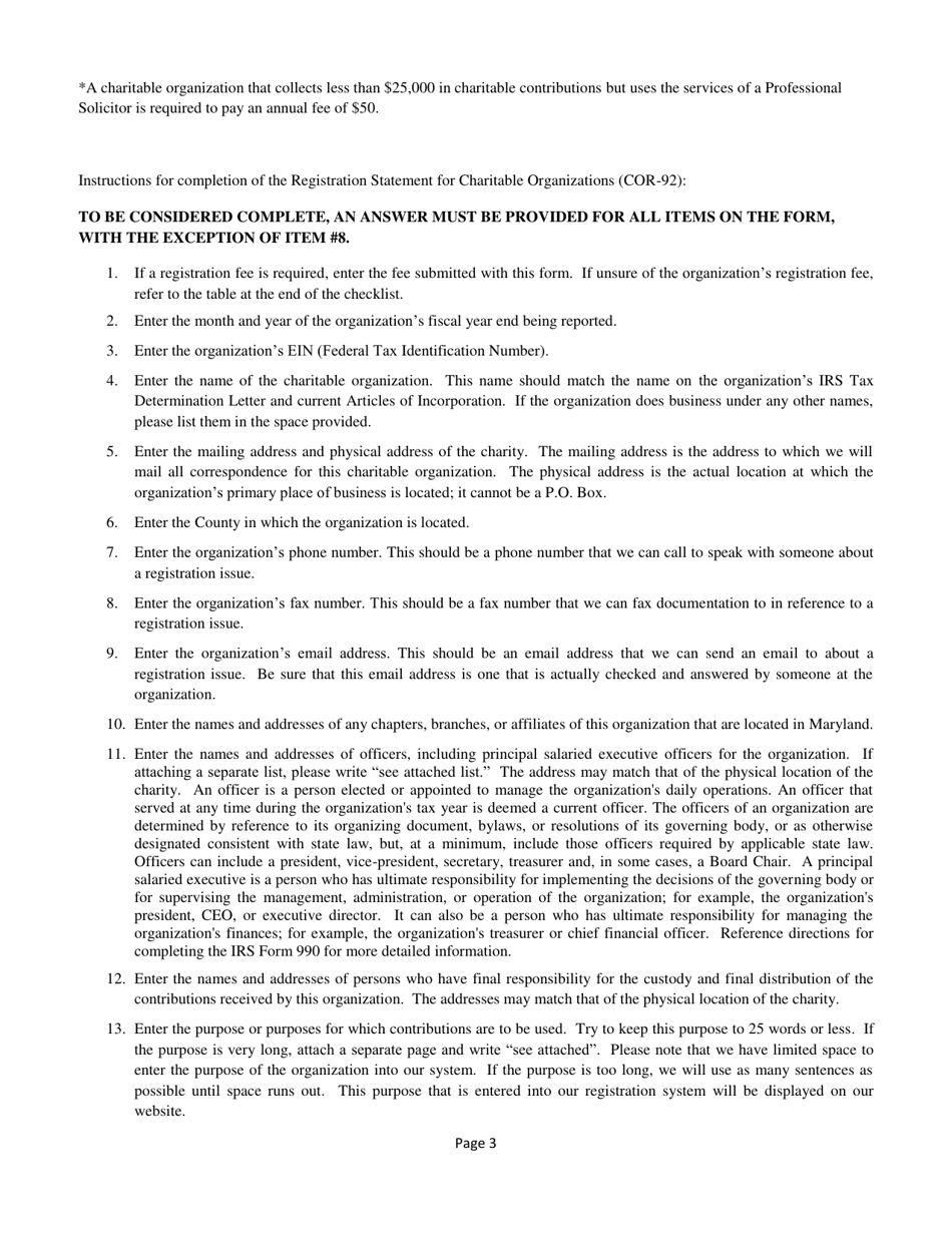 Form COR-92 Registration Statement for Charitable Organizations - Maryland, Page 3