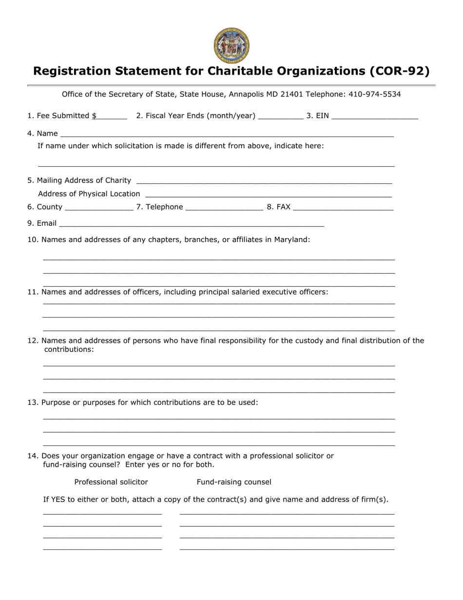 Form COR-92 Registration Statement for Charitable Organizations - Maryland, Page 5