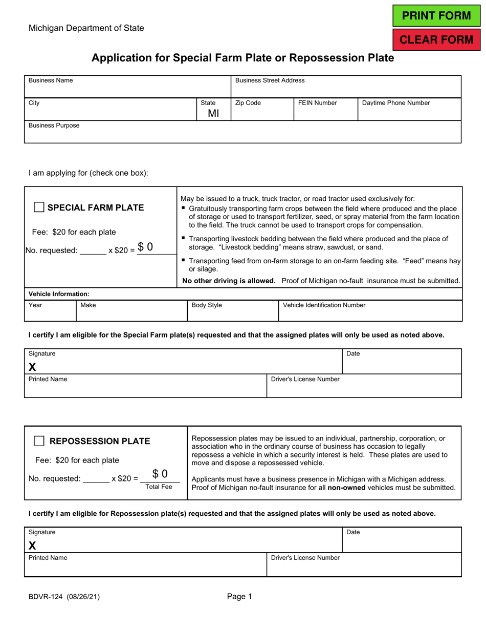 Form BDVR-124 Application for Special Farm Plate of Repossession Plate - Michigan, Page 1