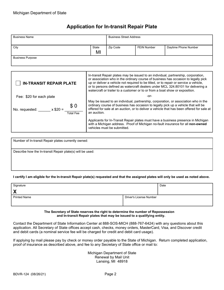 Form BDVR-124 Application for Special Farm Plate of Repossession Plate - Michigan, Page 2
