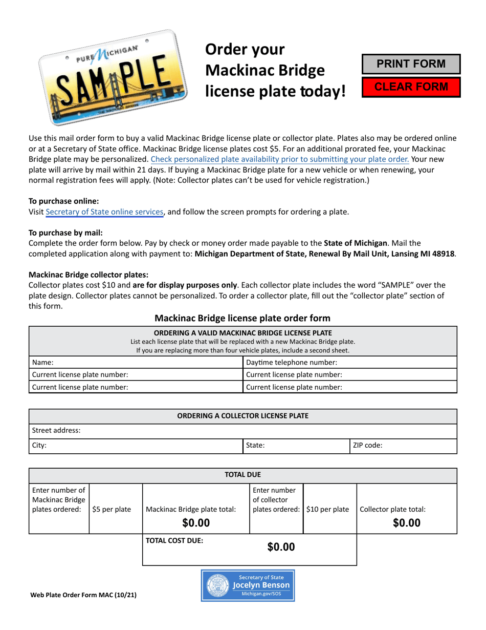 Mackinac Bridge Plate Order Form - Michigan, Page 1