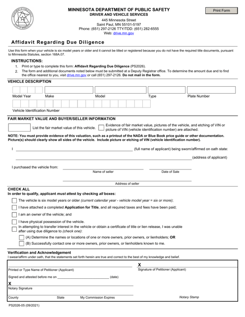 Form PS2026 Affidavit Regarding Due Diligence - Minnesota
