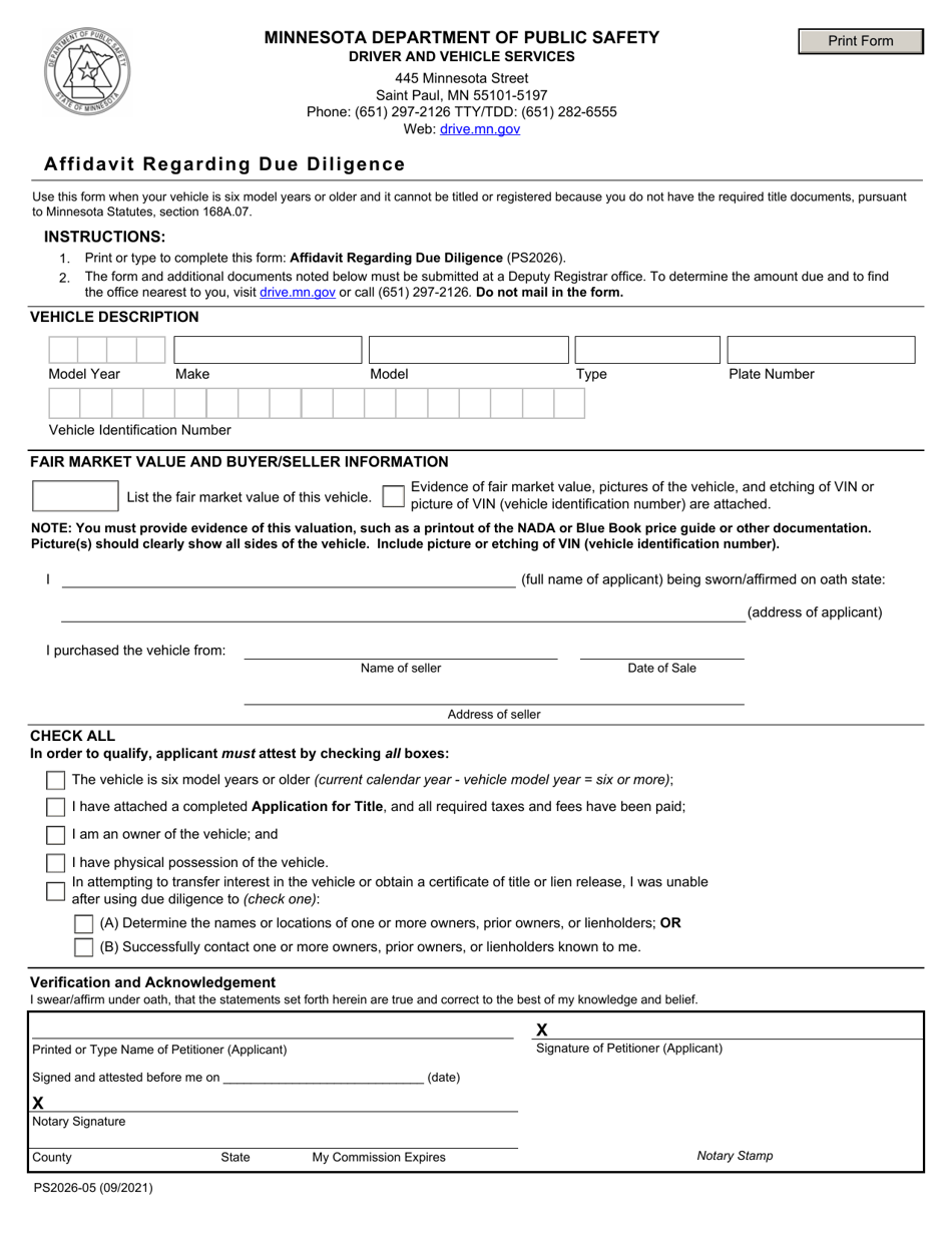 Form PS2026 Affidavit Regarding Due Diligence - Minnesota, Page 1