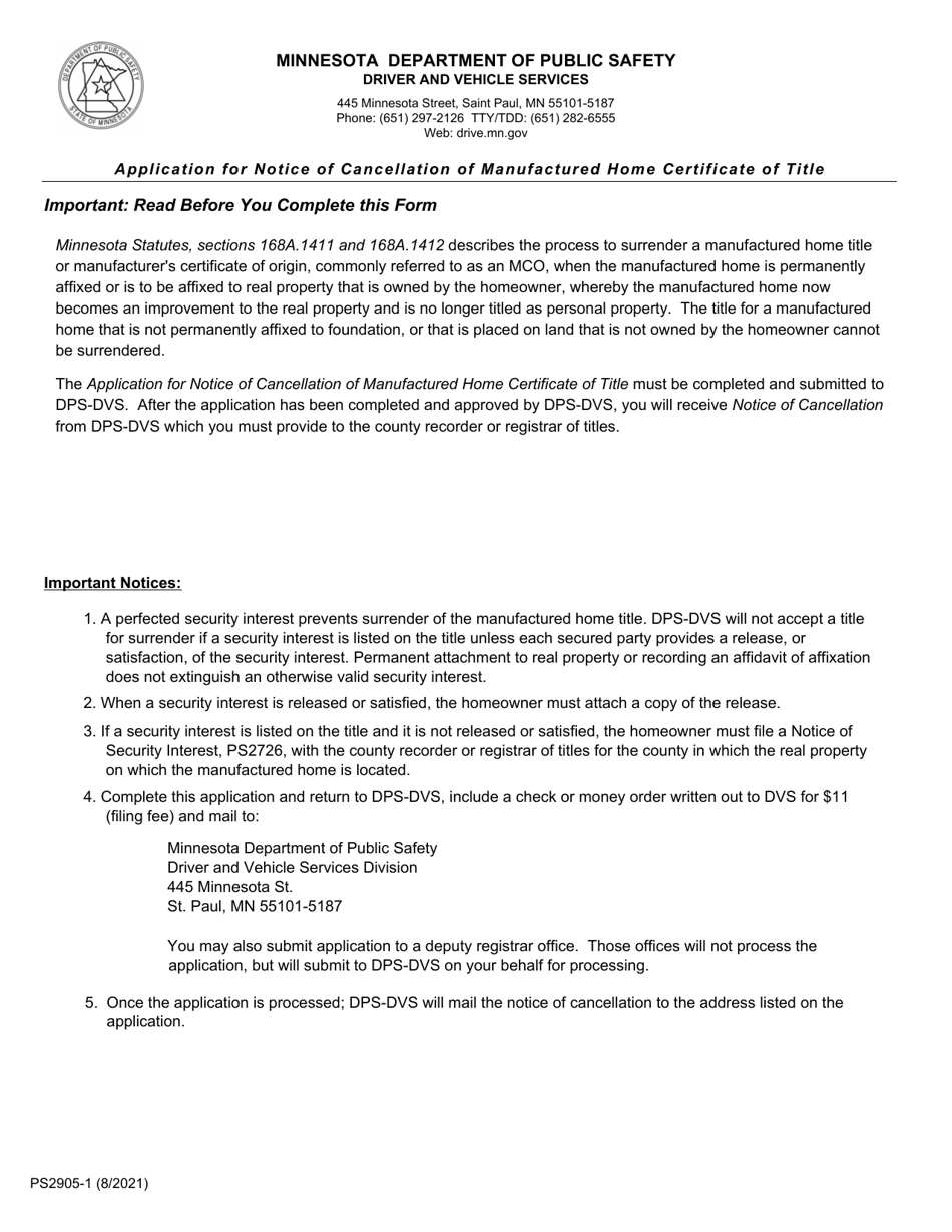 Form PS2905 Application for Notice of Cancellation of Manufactured Home Certificate of Title - Minnesota, Page 1