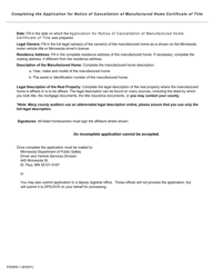 Form PS2905 Application for Notice of Cancellation of Manufactured Home Certificate of Title - Minnesota, Page 2