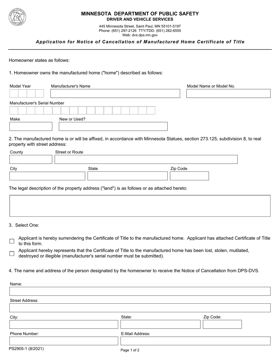 Form PS2905 Application for Notice of Cancellation of Manufactured Home Certificate of Title - Minnesota, Page 3