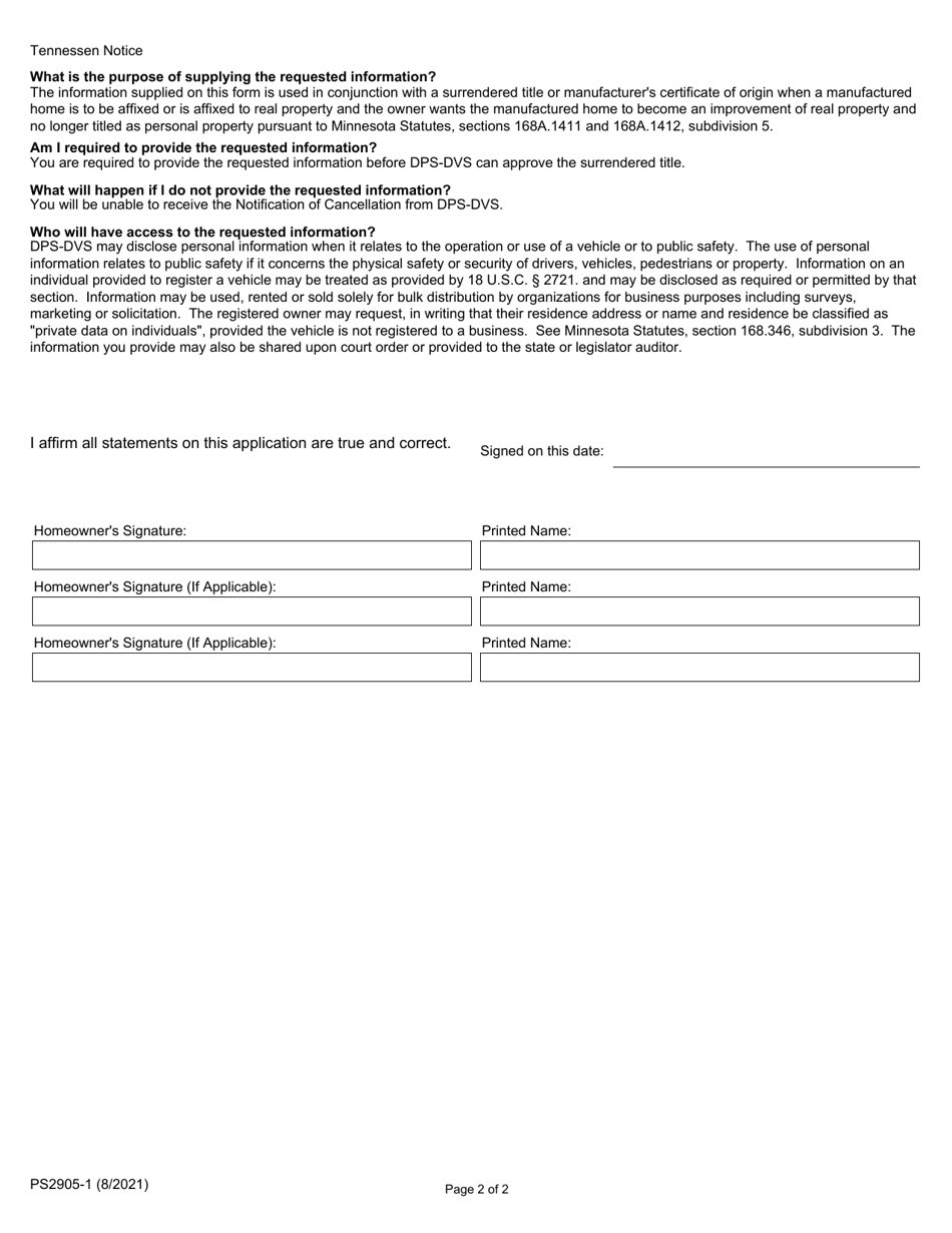 Form PS2905 Application for Notice of Cancellation of Manufactured Home Certificate of Title - Minnesota, Page 4