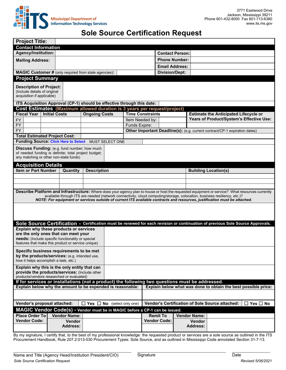 Sole Source Certification Request - Mississippi, Page 1