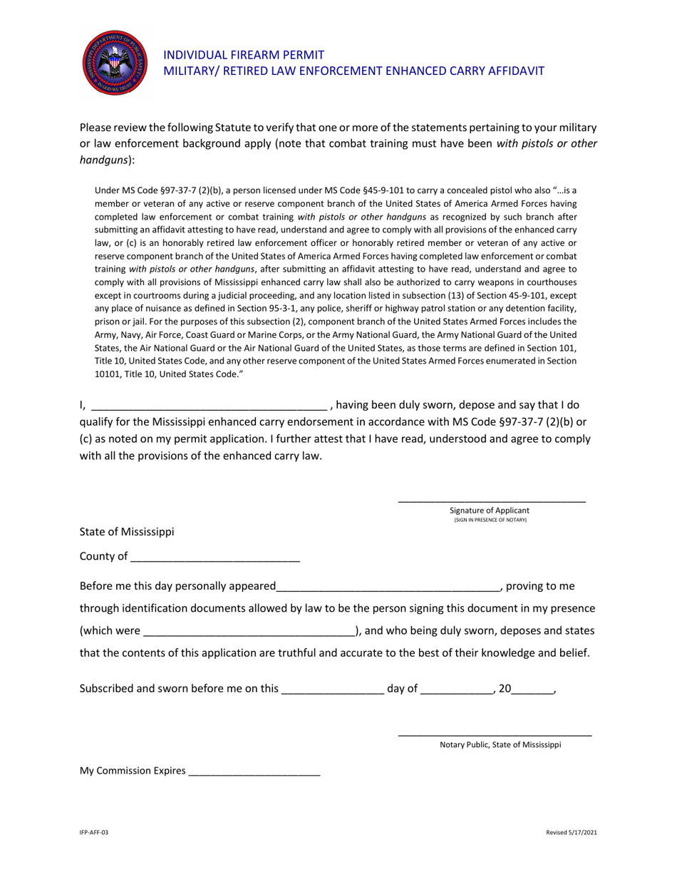 Form IFP-AFF-03 Individual Firearm Permit - Military / Retired Law Enforcement Enhanced Carry Affidavit - Mississippi, Page 1