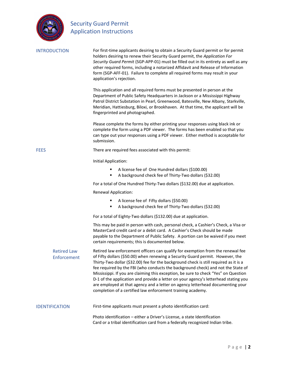 Instructions for Form SGP-APP-01 Application for Security Guard Permit - Mississippi, Page 3