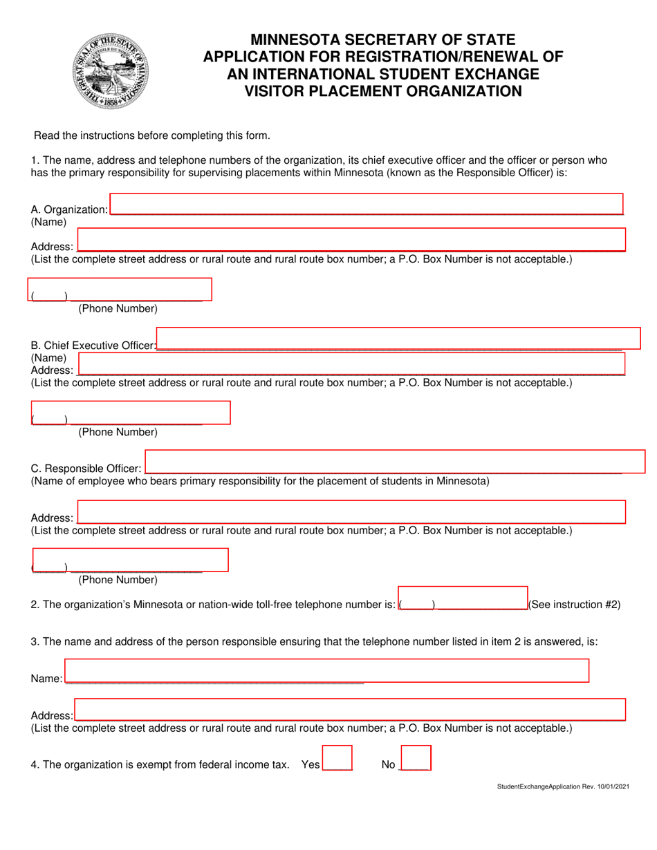 Application for Registration / Renewal of an International Student Exchange Visitor Placement Organization - Minnesota, Page 1
