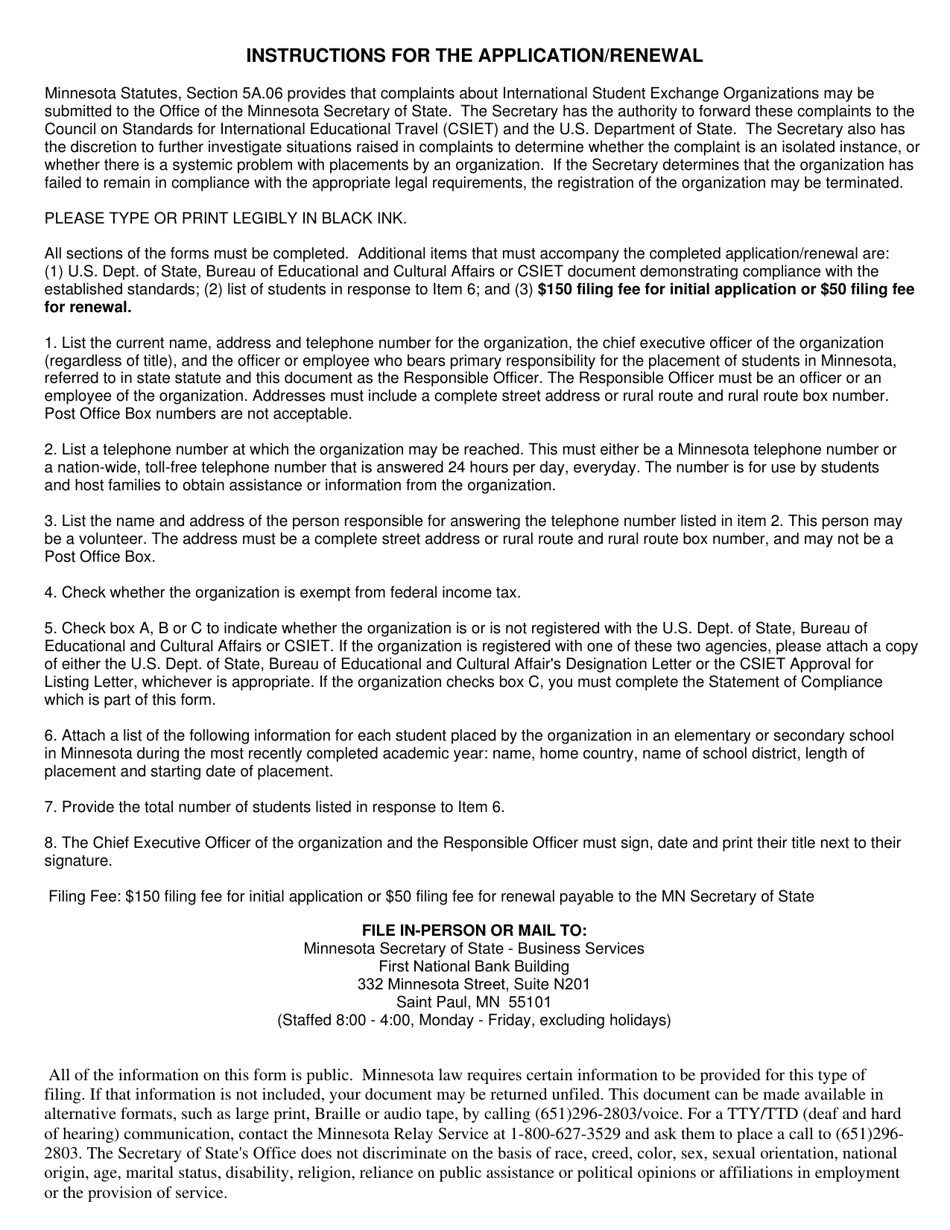 Application for Registration / Renewal of an International Student Exchange Visitor Placement Organization - Minnesota, Page 4