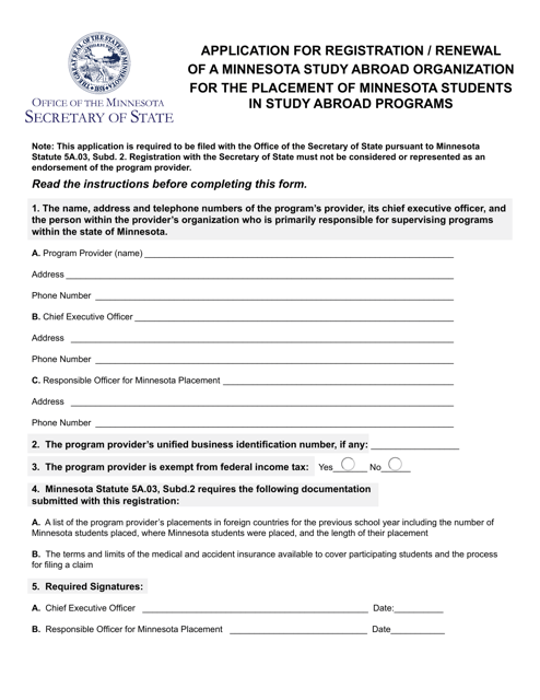 Application for Registration / Renewal of a Minnesota Study Abroad Organization for the Placement of Minnesota Students in Study Abroad Programs - Minnesota Download Pdf