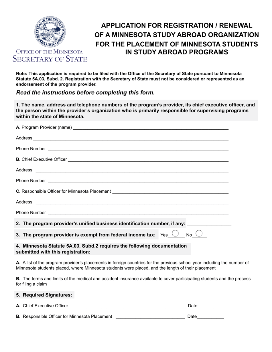 Application for Registration / Renewal of a Minnesota Study Abroad Organization for the Placement of Minnesota Students in Study Abroad Programs - Minnesota, Page 1