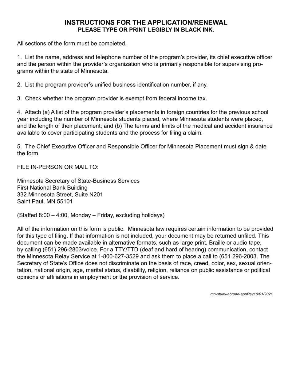 Application for Registration / Renewal of a Minnesota Study Abroad Organization for the Placement of Minnesota Students in Study Abroad Programs - Minnesota, Page 2