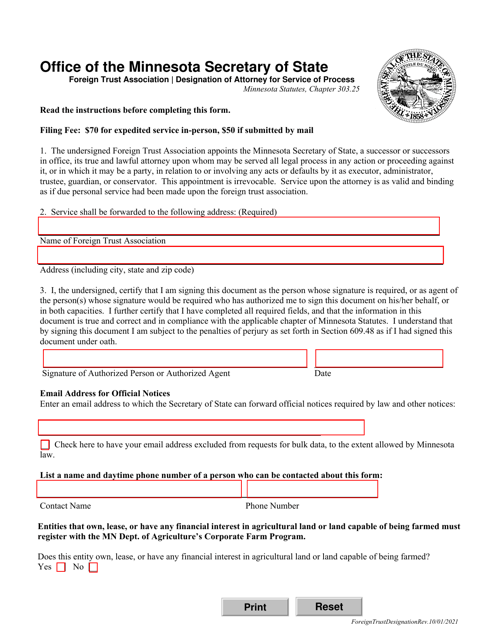 Foreign Trust Association Designation of Attorney for Service of Process - Minnesota Download Pdf