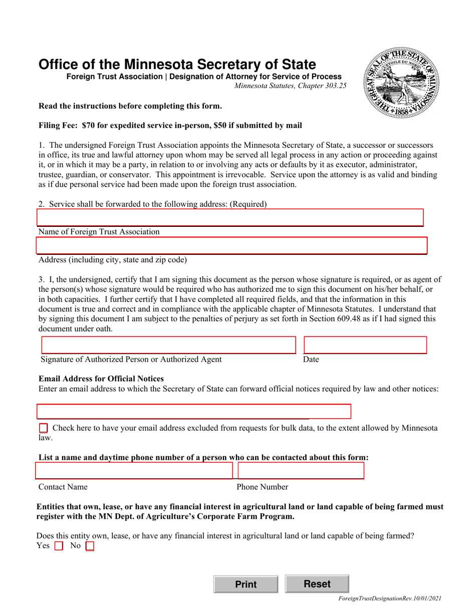 Foreign Trust Association Designation of Attorney for Service of Process - Minnesota, Page 1