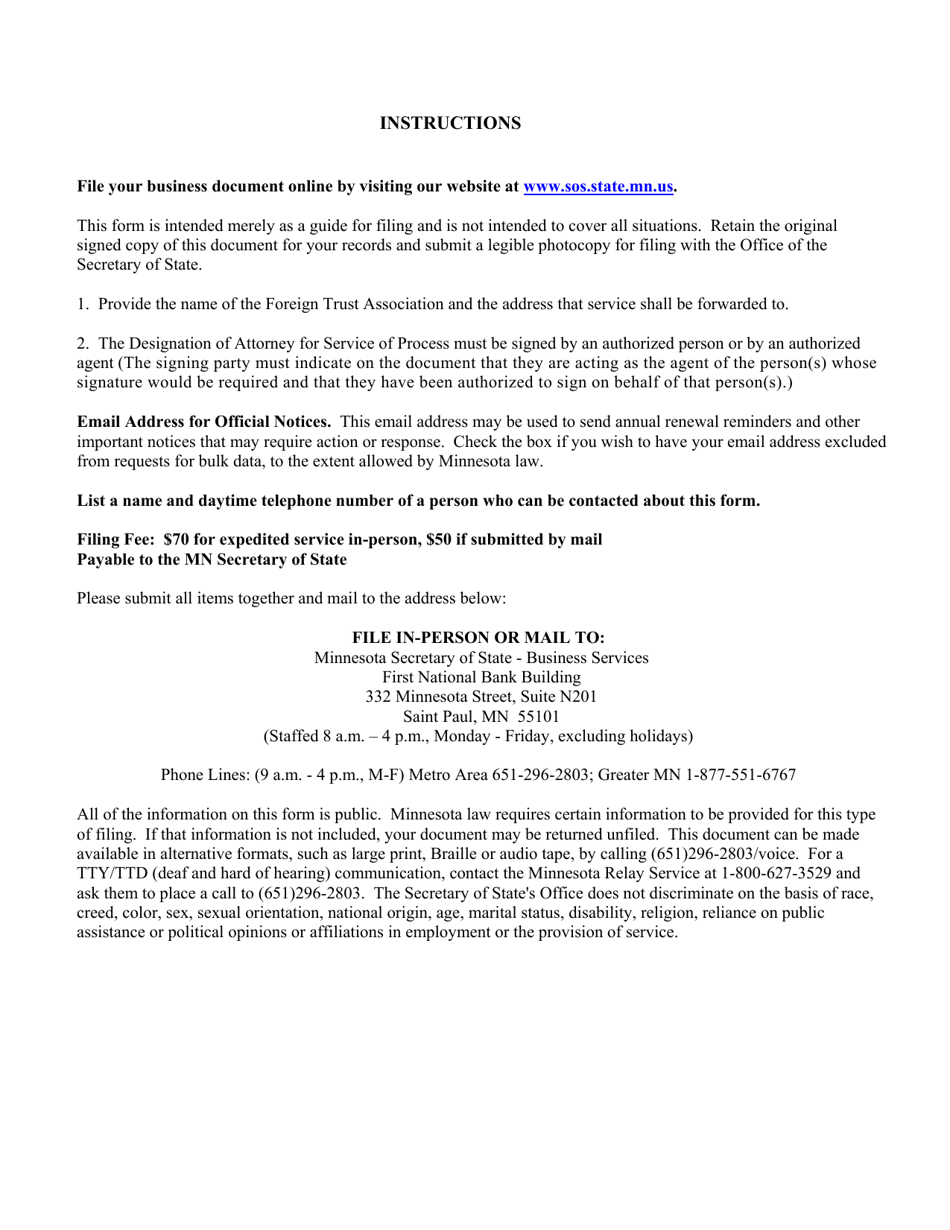 Foreign Trust Association Designation of Attorney for Service of Process - Minnesota, Page 2