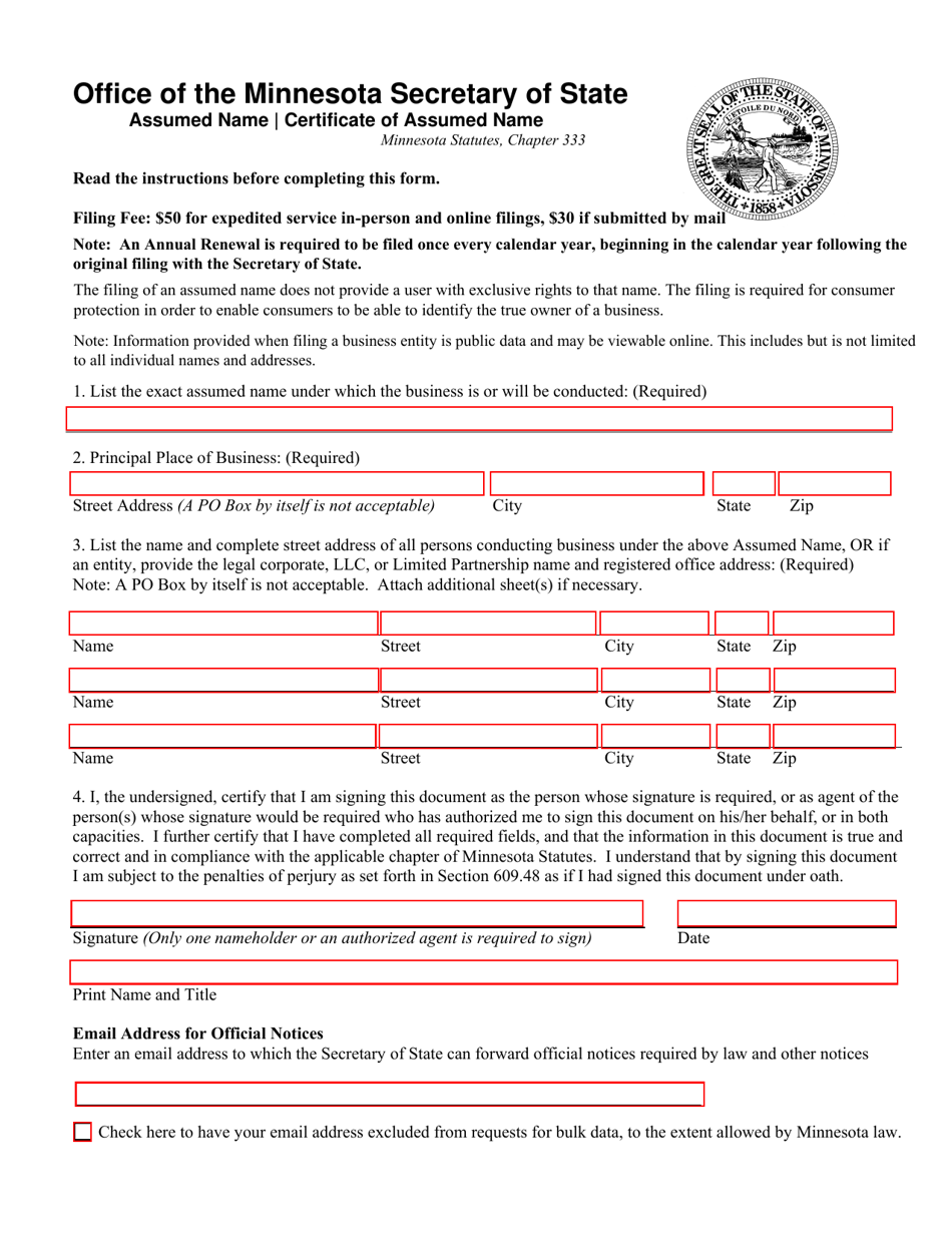 Certificate of Assumed Name Registration - Minnesota, Page 1