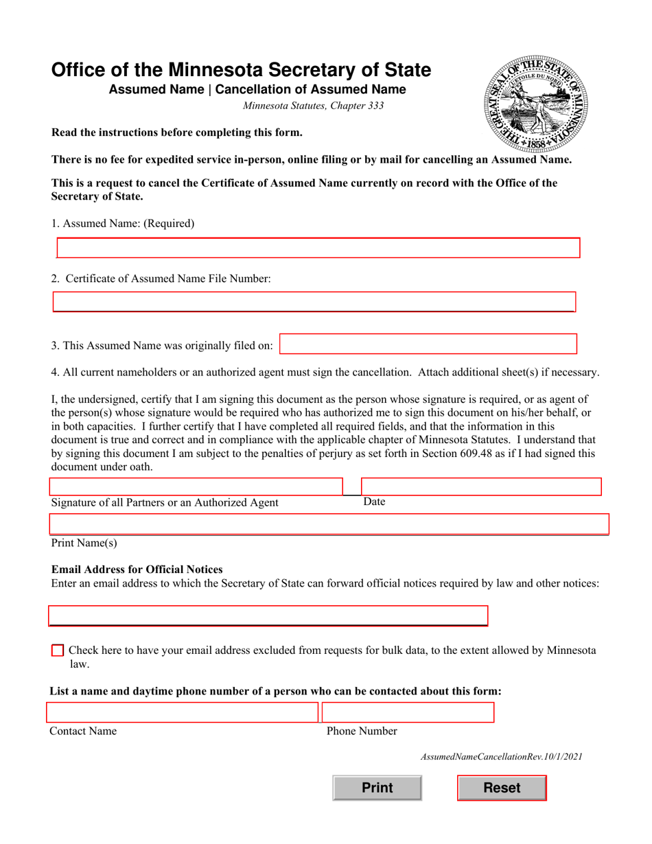 Cancellation of Assumed Name - Minnesota, Page 1