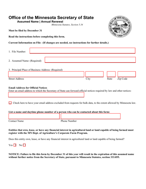 Assumed Name Annual Renewal - Minnesota Download Pdf