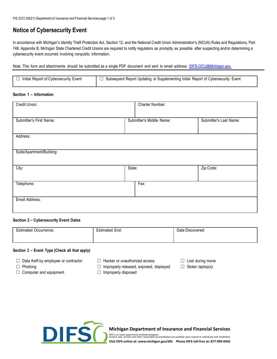 Form FIS2372 Notice of Cybersecurity Event - Michigan, Page 1