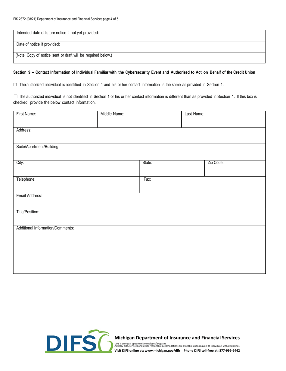 Form FIS2372 Notice of Cybersecurity Event - Michigan, Page 4