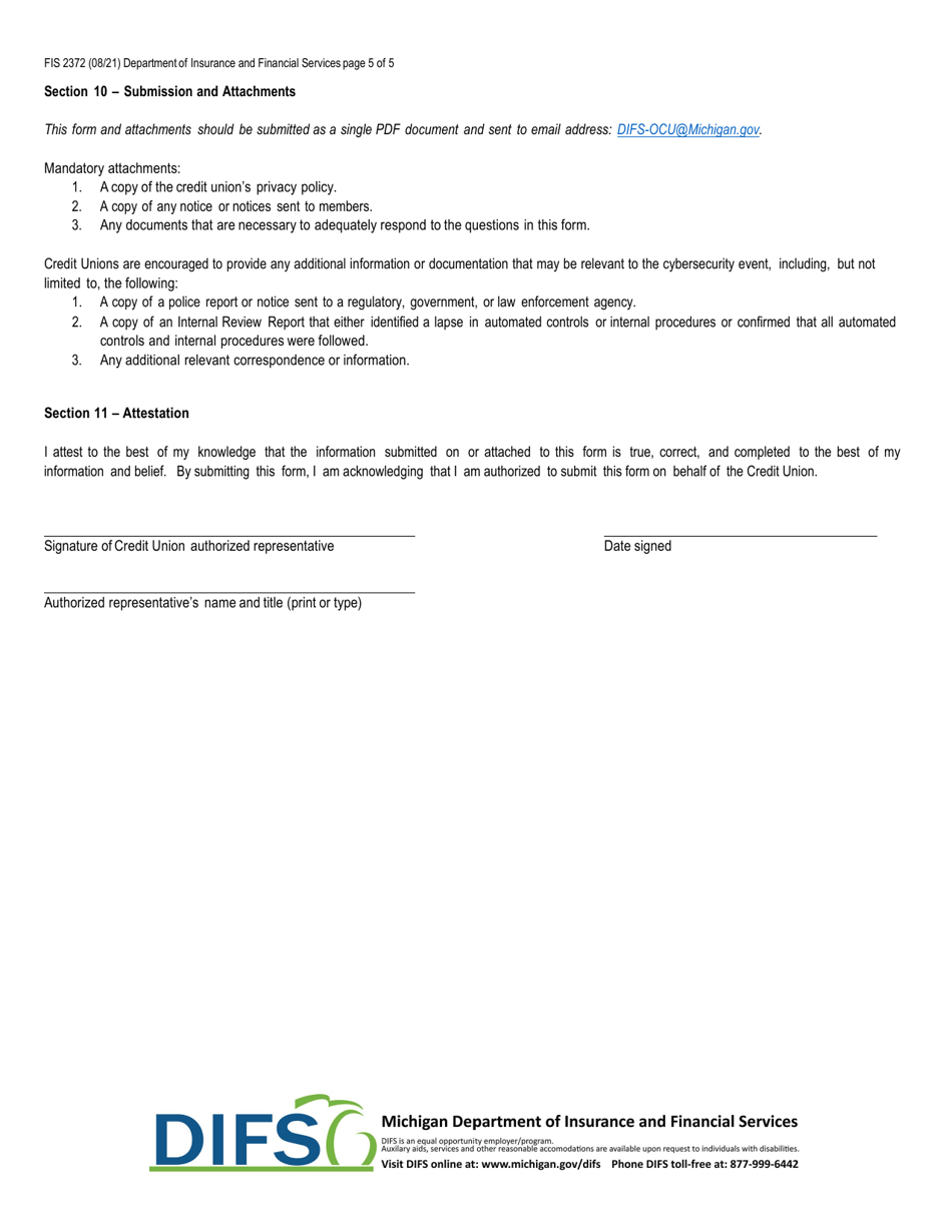 Form FIS2372 Notice of Cybersecurity Event - Michigan, Page 5