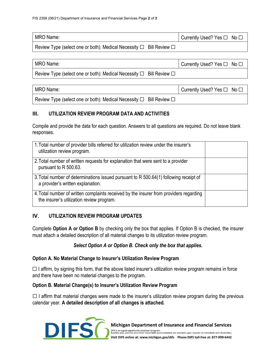 Form FIS2358 Auto Insurance Utilization Review Insurer Annual Report - Michigan, Page 2