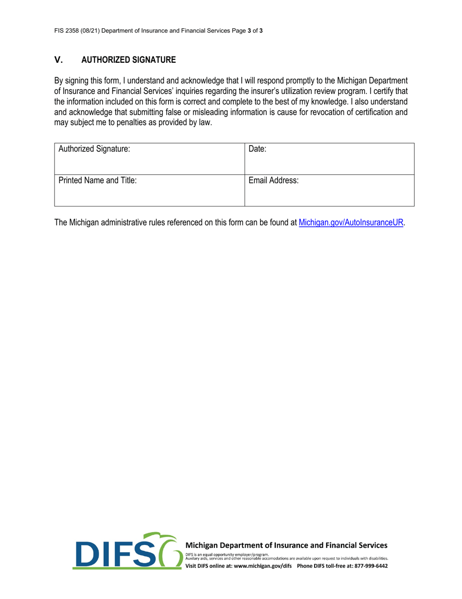 Form FIS2358 Auto Insurance Utilization Review Insurer Annual Report - Michigan, Page 3