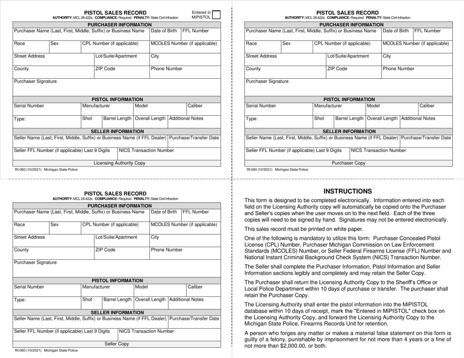 Form RI 060 Download Fillable PDF Or Fill Online Pistol Sales Record Michigan Templateroller