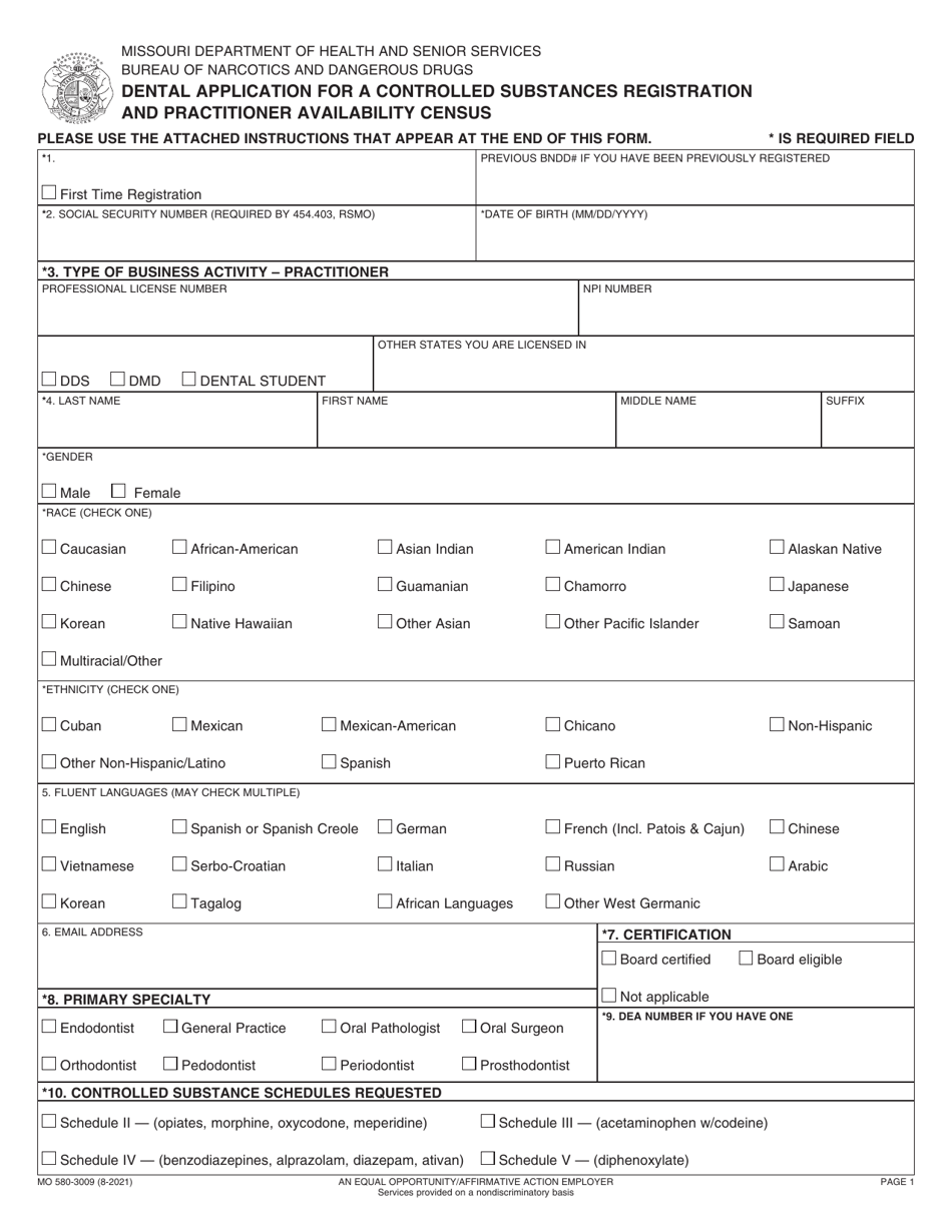 Form MO580-3009 Download Fillable PDF or Fill Online Dental Application ...