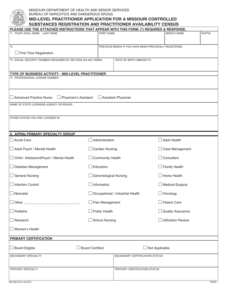 Form MO580-3012 Mid-level Practitioner Application for a Missouri Controlled Substances Registration and Practitioner Availability Census - Missouri, Page 3