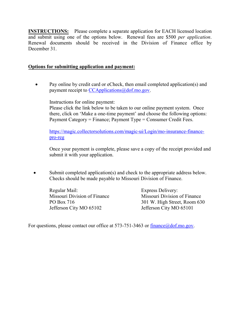 Missouri Renewal Application For Missouri Financial Institution   Renewal Application For Missouri Financial Institution Licensing Act Chapter 364 License Missouri Print Big 