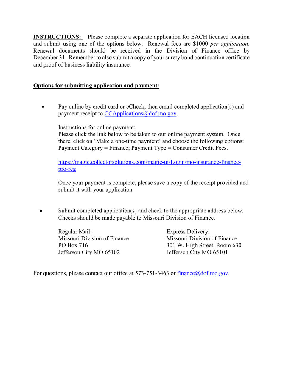 Renewal Application for Title Loan License - Missouri, Page 1
