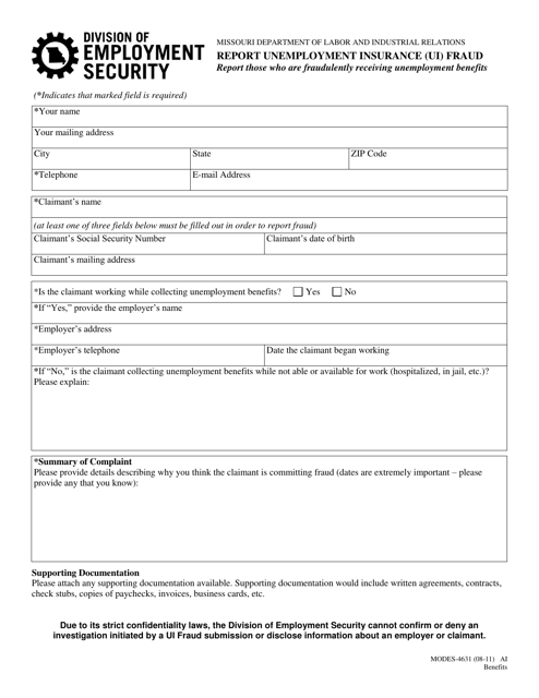 Form MODES-4631 Report Unemployment Insurance (Ui) Fraud - Missouri