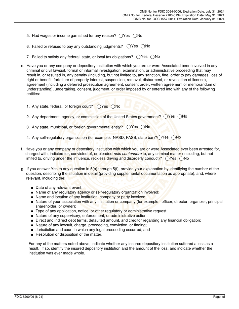 FDIC Form 6200 / 06 Interagency Biographical and Financial Report, Page 12