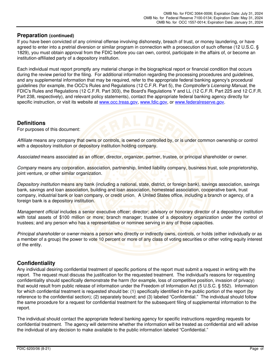 FDIC Form 6200 / 06 Interagency Biographical and Financial Report, Page 2