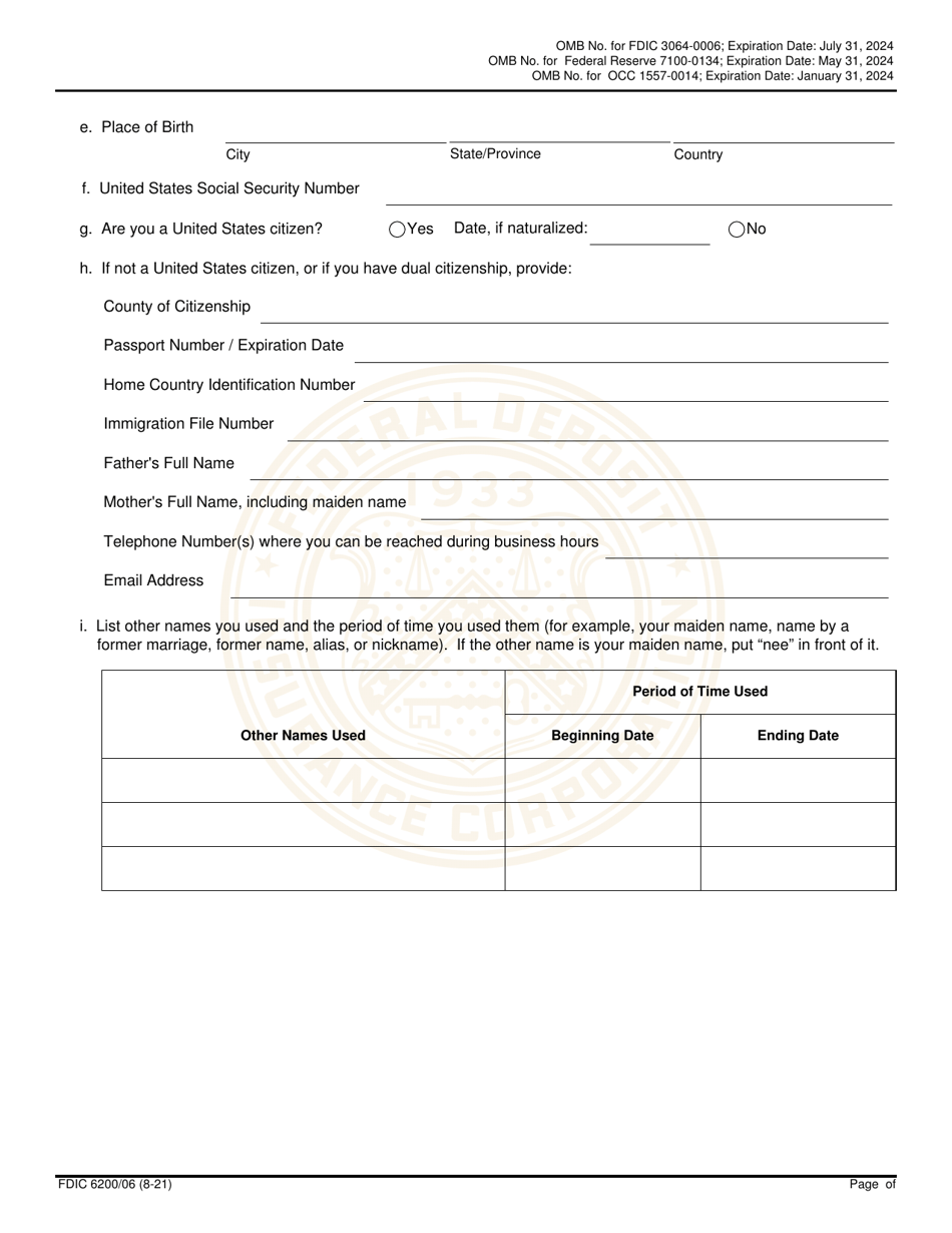 FDIC Form 6200 / 06 Interagency Biographical and Financial Report, Page 7