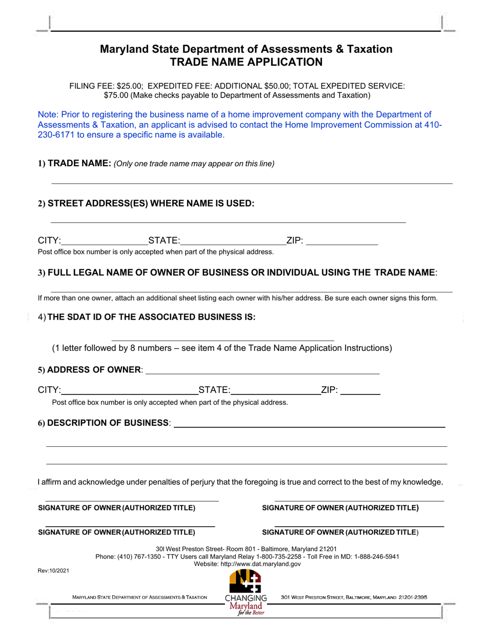 Trade Name Application - Maryland, Page 1