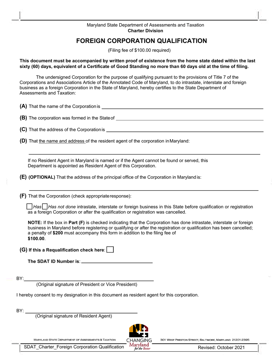 Foreign Corporation Qualification - Maryland, Page 1