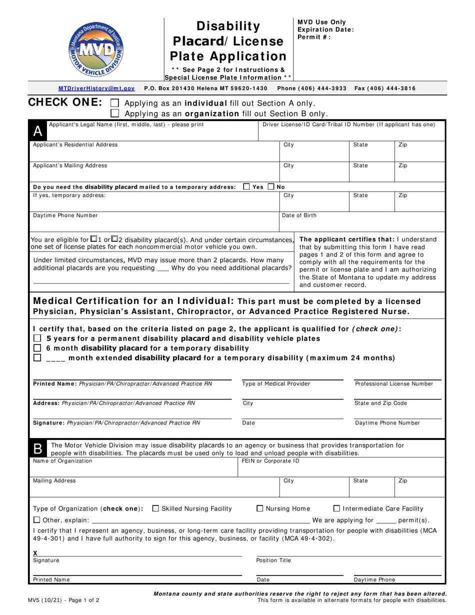 Form MV5 Disability Placard / License Plate Application - Montana, Page 1