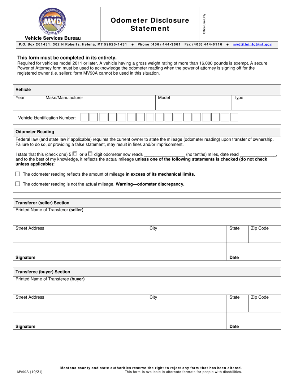 Form MV90A Odometer Disclosure Statement - Montana, Page 1